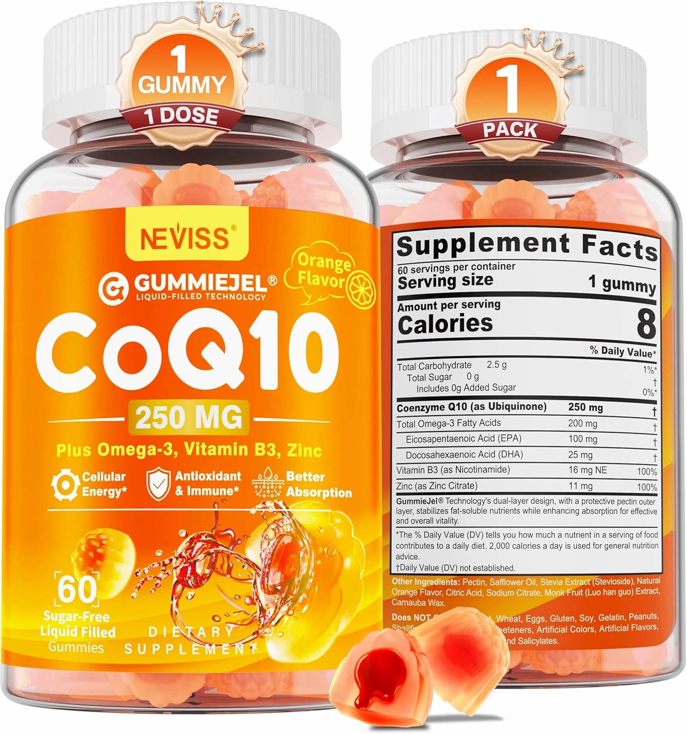 Sugar-Free CoQ10-250mg / 500mg Filled Gummies - Plus Omega-3, EPA   DHA, B3 & Zinc - Ultra Co Q-10 Supplements for Hear-t Health, Cellular Energy, Antioxidant Support, Up to 60 Day Supply, Vegan 60Cts