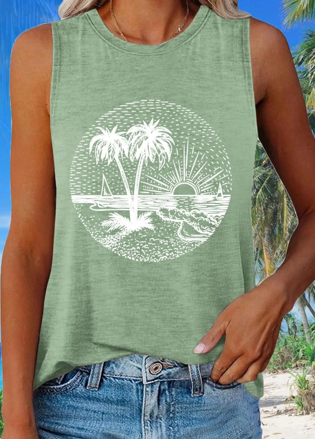 Summer Beach Tank Tops for Women Funny Cute Sunshine Coconut Tree Graphic Tee Shirt Hawaiian Family Vacation Tops