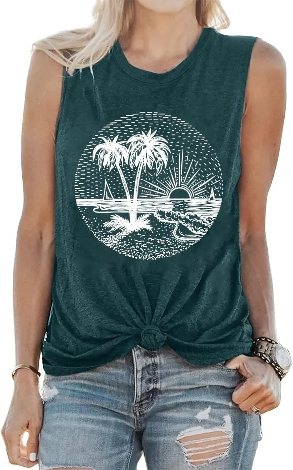 Summer Beach Tank Tops for Women Funny Cute Sunshine Coconut Tree Graphic Tee Shirt Hawaiian Family Vacation Tops