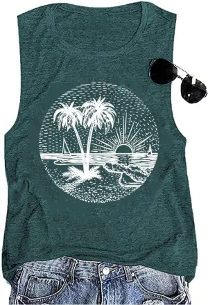 Summer Beach Tank Tops for Women Funny Cute Sunshine Coconut Tree Graphic Tee Shirt Hawaiian Family Vacation Tops