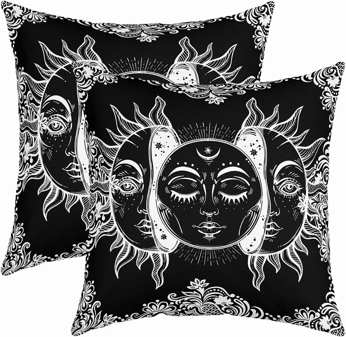 Sun And Moon Decorative Pillow Covers, Boho Exotic Style Pillow Covers For Home Office Sofa, Black White Bohemian Mandala Decor Cushion Covers, Botanical Floral Throw Pillow Covers, 18x18 Set of 2
