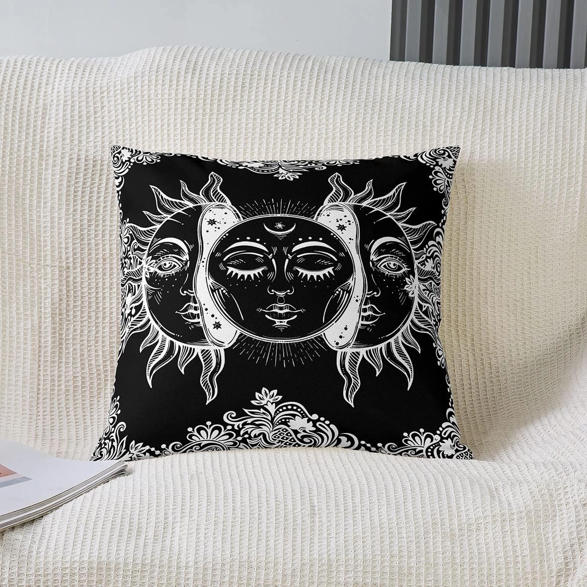 Sun And Moon Decorative Pillow Covers, Boho Exotic Style Pillow Covers For Home Office Sofa, Black White Bohemian Mandala Decor Cushion Covers, Botanical Floral Throw Pillow Covers, 18x18 Set of 2
