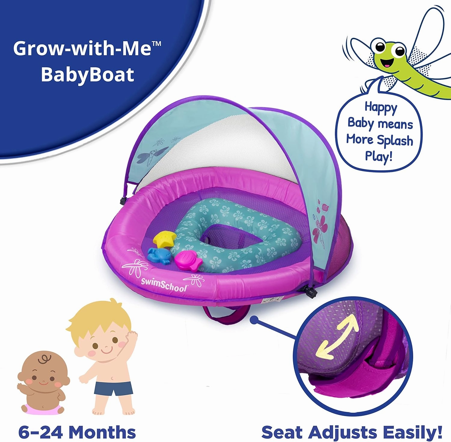SwimSchool Infant Baby Pool Floats, Free Swimming, Super Buoyant – Ages 6-24 Months – Multiple Colors/Styles – Adjustable Canopies and Seats, Splash & Play Baby Floaties