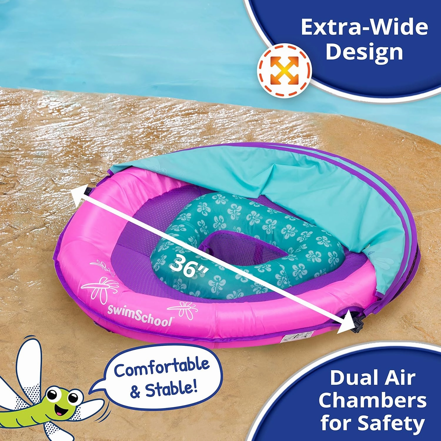 SwimSchool Infant Baby Pool Floats, Free Swimming, Super Buoyant – Ages 6-24 Months – Multiple Colors/Styles – Adjustable Canopies and Seats, Splash & Play Baby Floaties