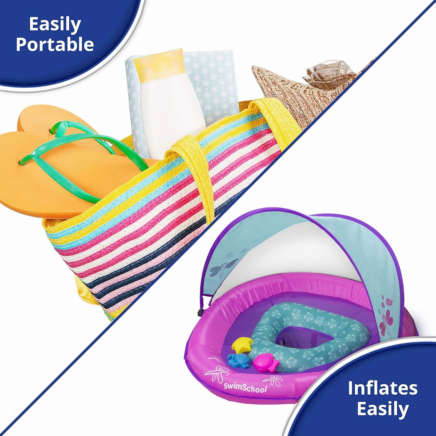 SwimSchool Infant Baby Pool Floats, Free Swimming, Super Buoyant – Ages 6-24 Months – Multiple Colors/Styles – Adjustable Canopies and Seats, Splash & Play Baby Floaties