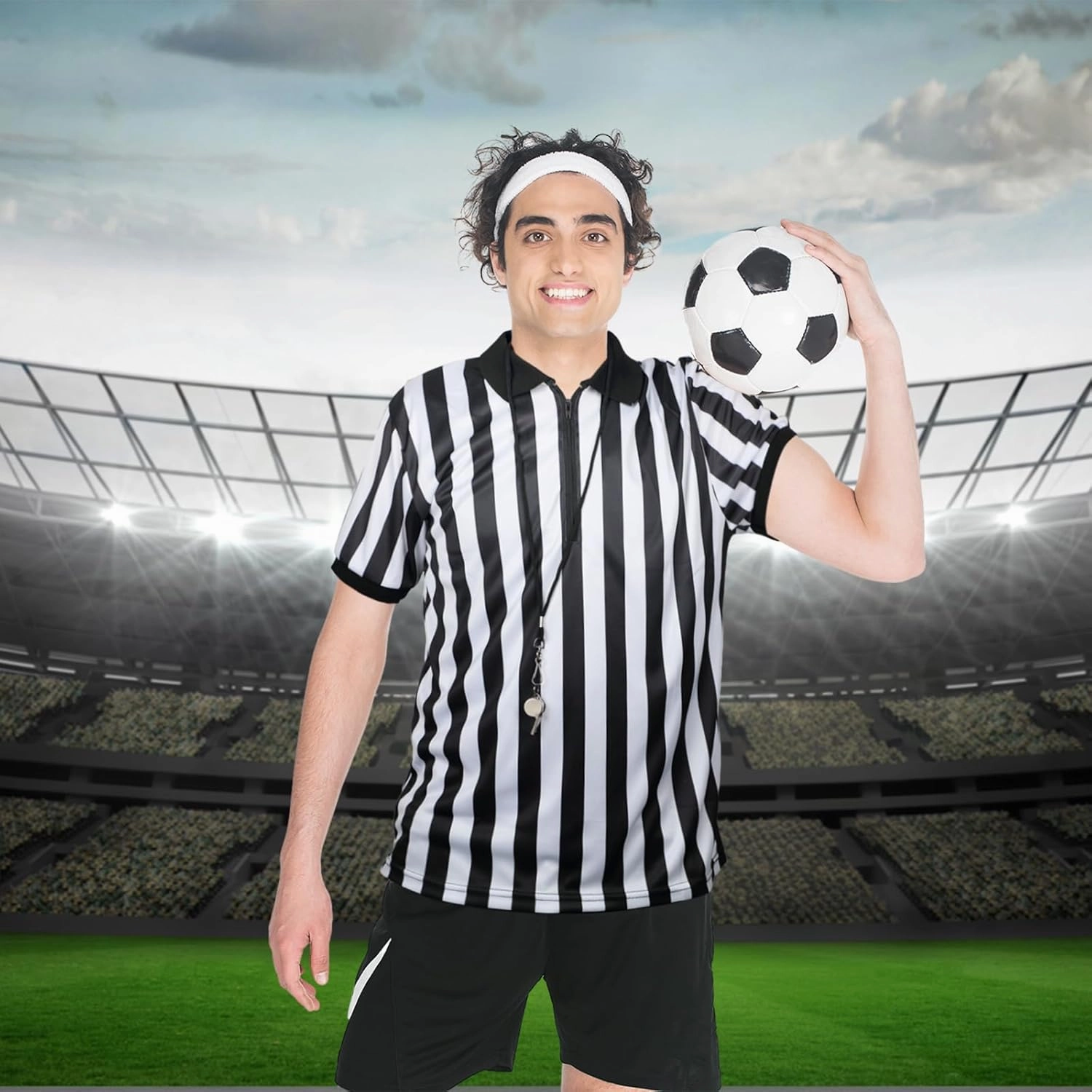 Syhood Men's Referee Shirt Stripe Umpire Jersey, Penalty Flag and Whistle for Football Soccer Sports and Halloween Cosplay