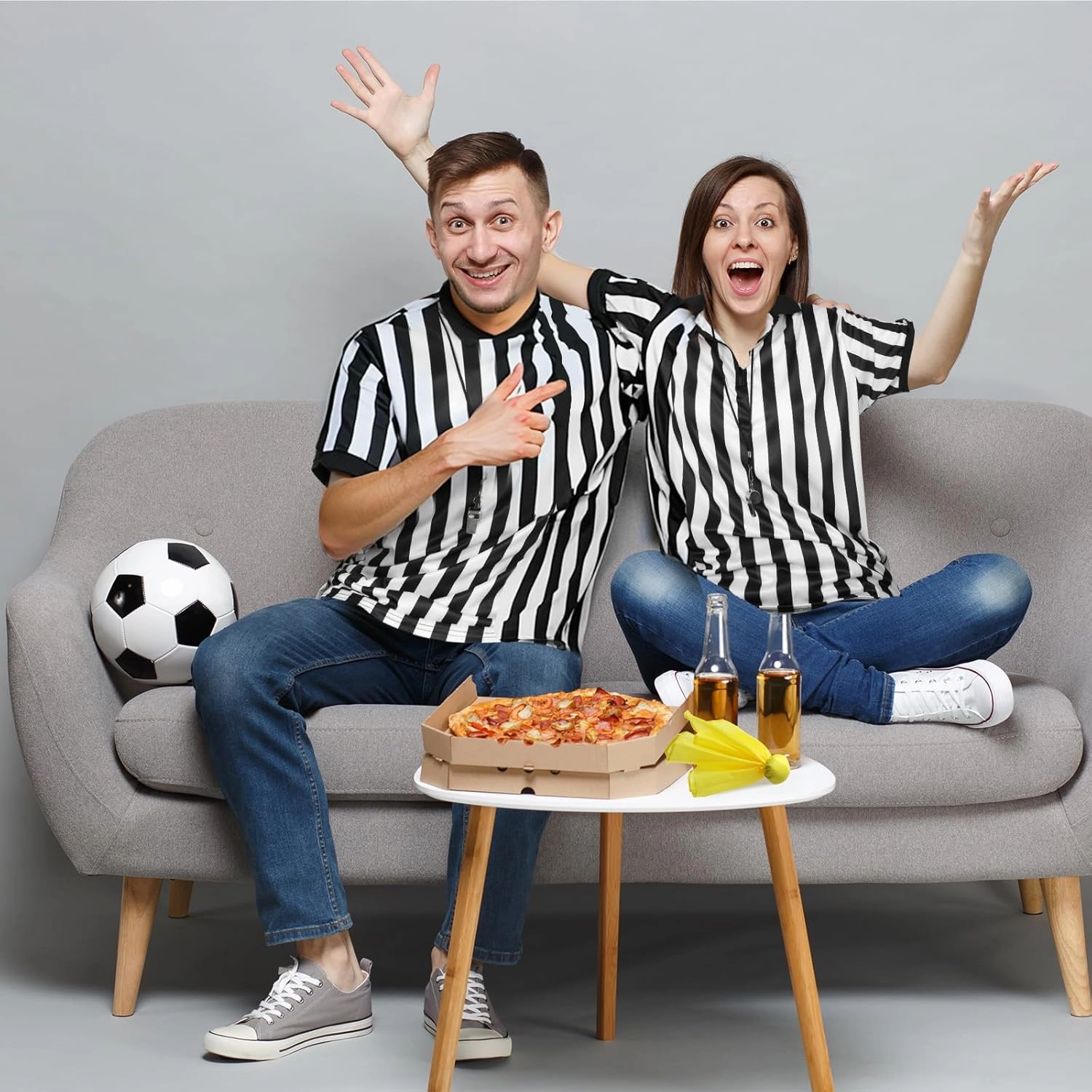 Syhood Men's Referee Shirt Stripe Umpire Jersey, Penalty Flag and Whistle for Football Soccer Sports and Halloween Cosplay