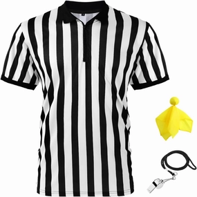 Syhood Men's Referee Shirt Stripe Umpire Jersey, Penalty Flag and Whistle for Football Soccer Sports and Halloween Cosplay