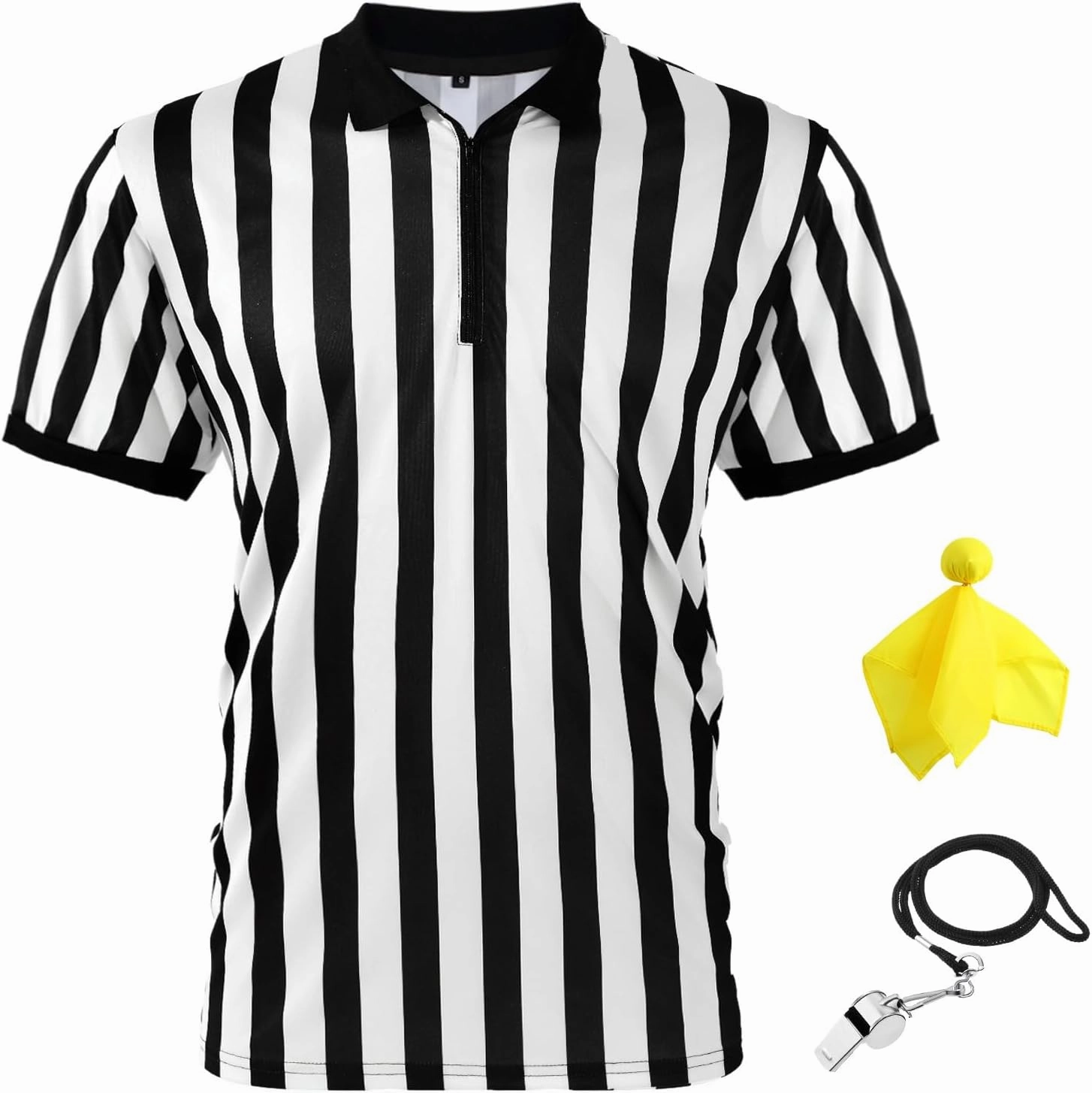 Syhood Men's Referee Shirt Stripe Umpire Jersey, Penalty Flag and Whistle for Football Soccer Sports and Halloween Cosplay