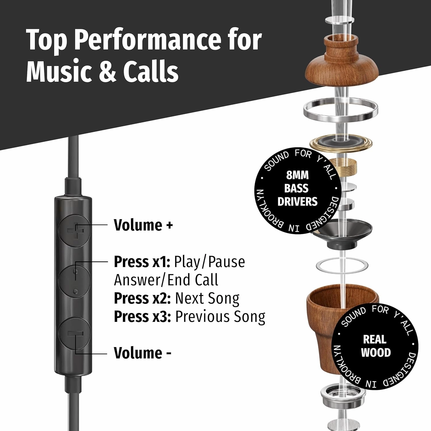 Symphonized Premium Wooden Airtube Headphones EMF Earbuds, 3D Sound, Microphone Volume Control, 8mm Bass Drivers Granting High Audio Quality for USB C Devices (Compatible with iPhone 15 &16)