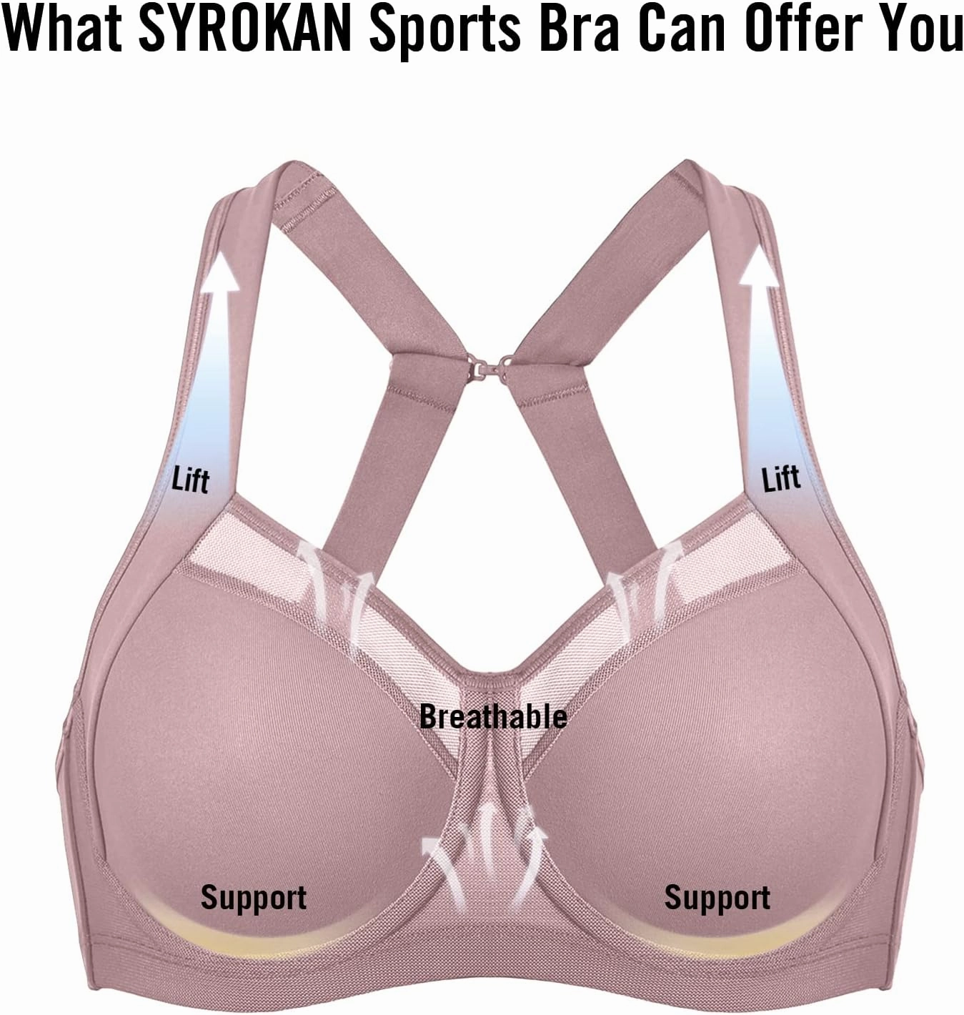 SYROKAN High Impact Sports Bras for Women High Support No Uniboob Underwire Adjustable Cross Back Bra