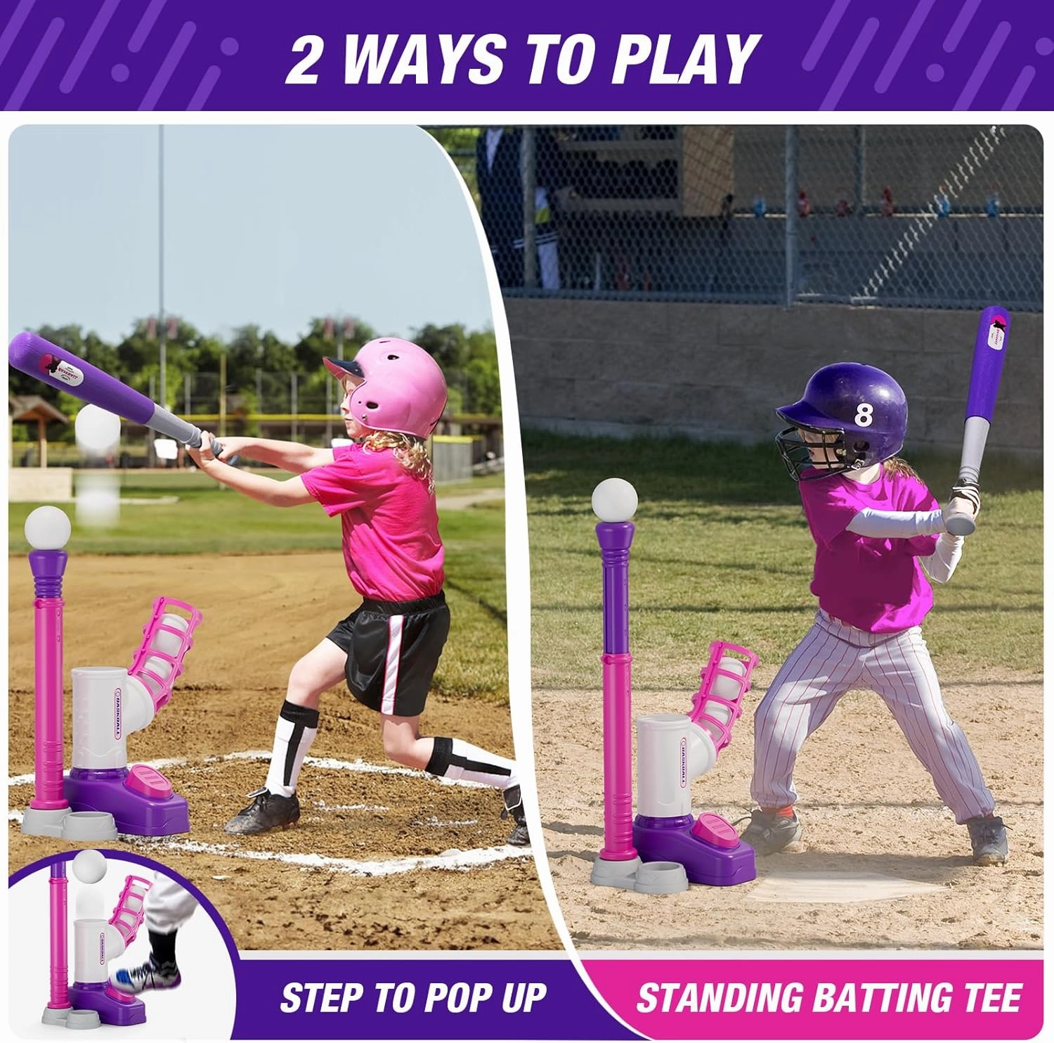 T Ball Sets for Kids 3-5, Tee Ball Set with Step on Pitching Machine/Adjustable Batting Tee/Retractable Baseball Bat/8 Balls, Outdoor Sport Toy Games for Girls Toddlers