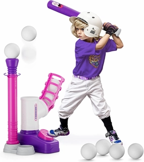 T Ball Sets for Kids 3-5, Tee Ball Set with Step on Pitching Machine/Adjustable Batting Tee/Retractable Baseball Bat/8 Balls, Outdoor Sport Toy Games for Girls Toddlers