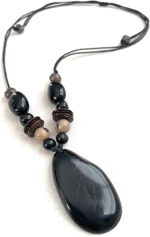 Tagua nut necklace in black,gray TAG612, adjustable length lariat necklae, tagua nut jewelry, fashion statement necklace