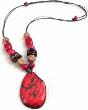 Tagua nut necklace in red, tan TAG612, adjustable length lariat necklace, tagua nut jewelry
