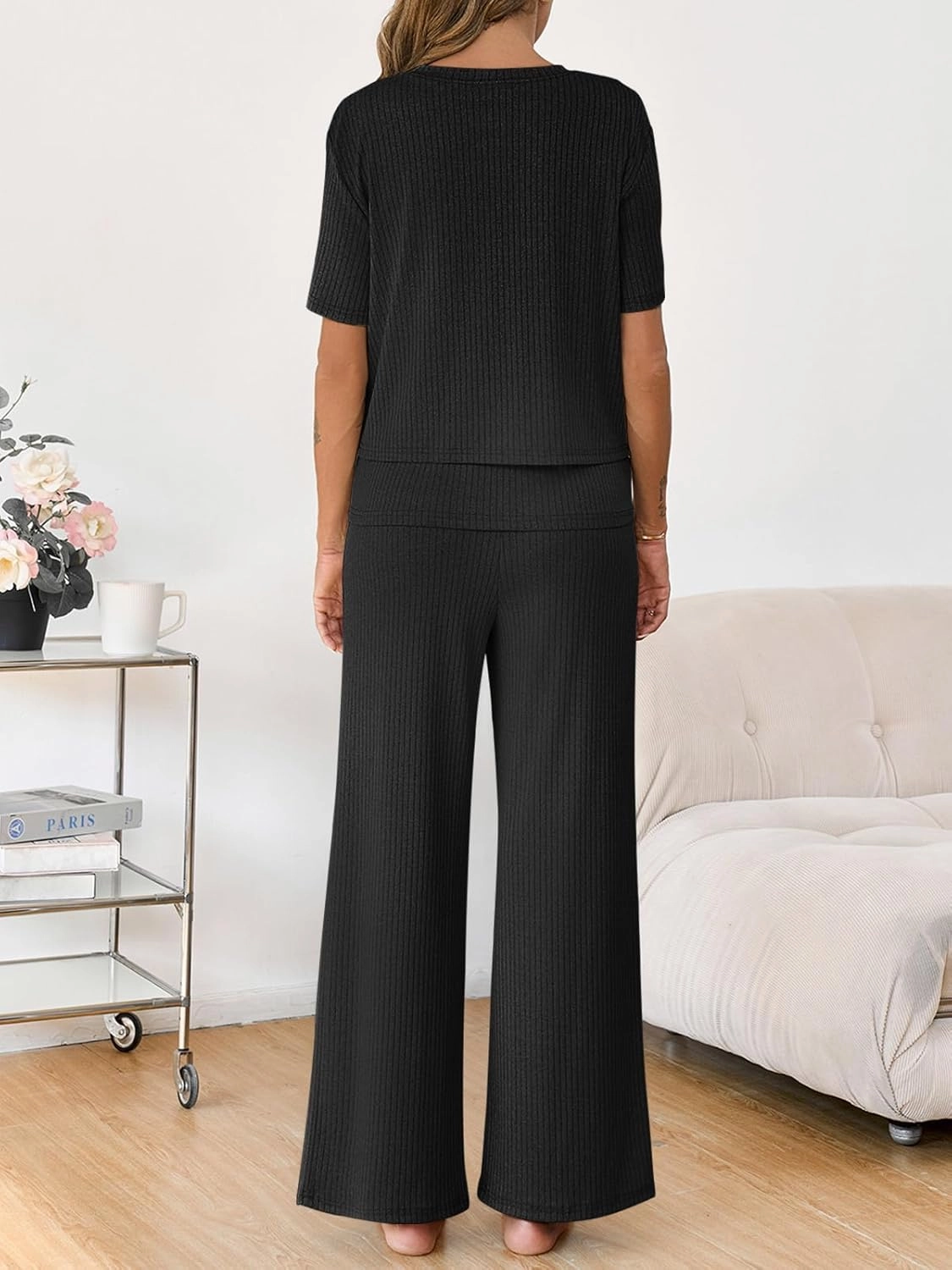 Tankaneo Womens Postpartum Maternity Pajamas 2 Piece Sets Rib Short Sleeve Nursing Tops and Elastic Waist Pants Loungewear
