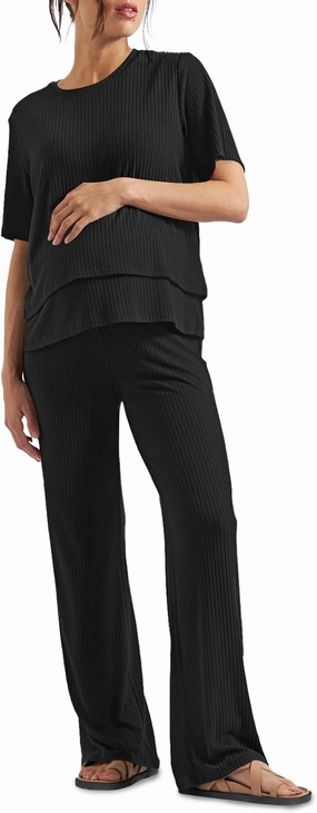 Tankaneo Womens Postpartum Maternity Pajamas 2 Piece Sets Rib Short Sleeve Nursing Tops and Elastic Waist Pants Loungewear