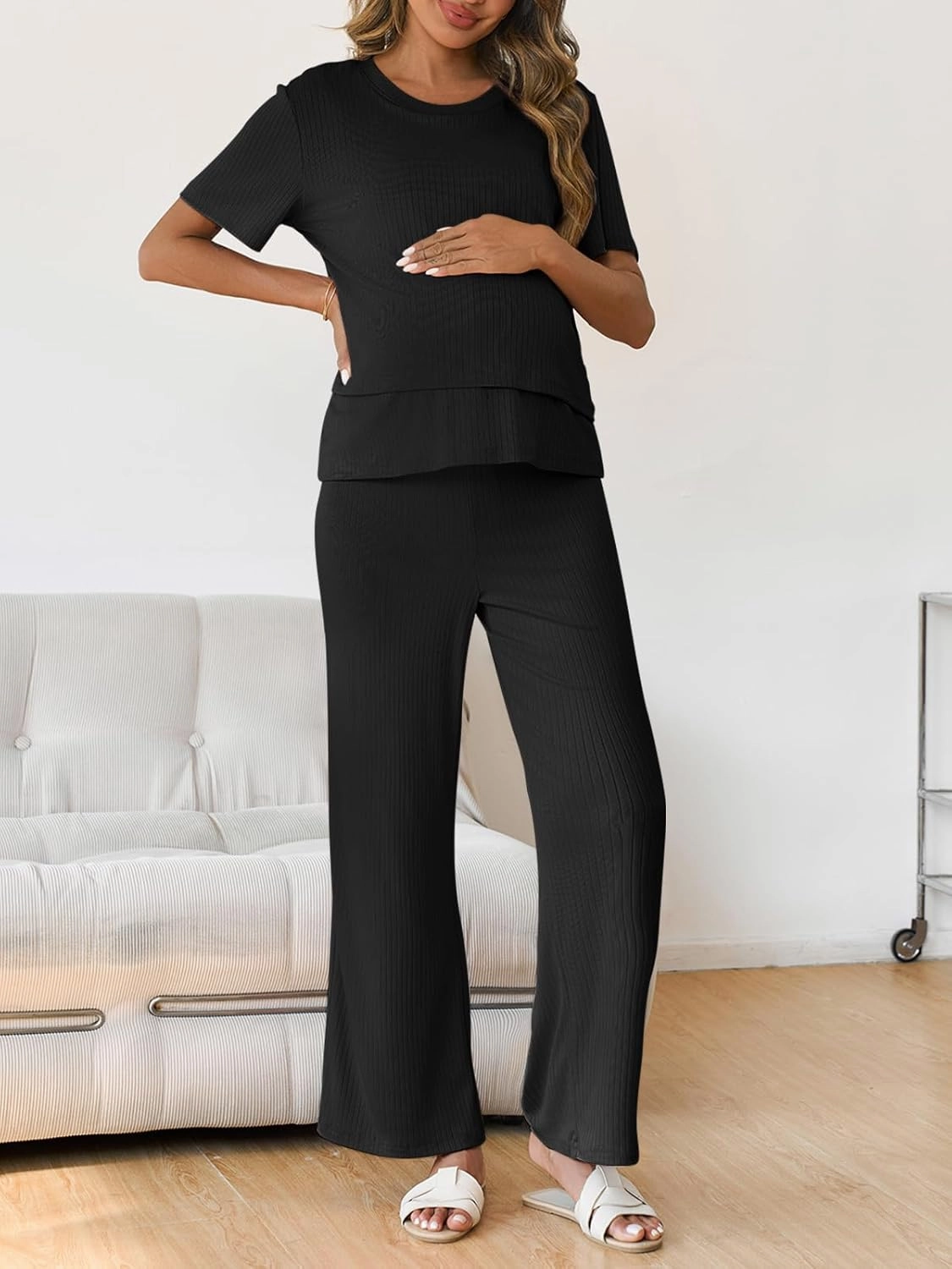 Tankaneo Womens Postpartum Maternity Pajamas 2 Piece Sets Rib Short Sleeve Nursing Tops and Elastic Waist Pants Loungewear