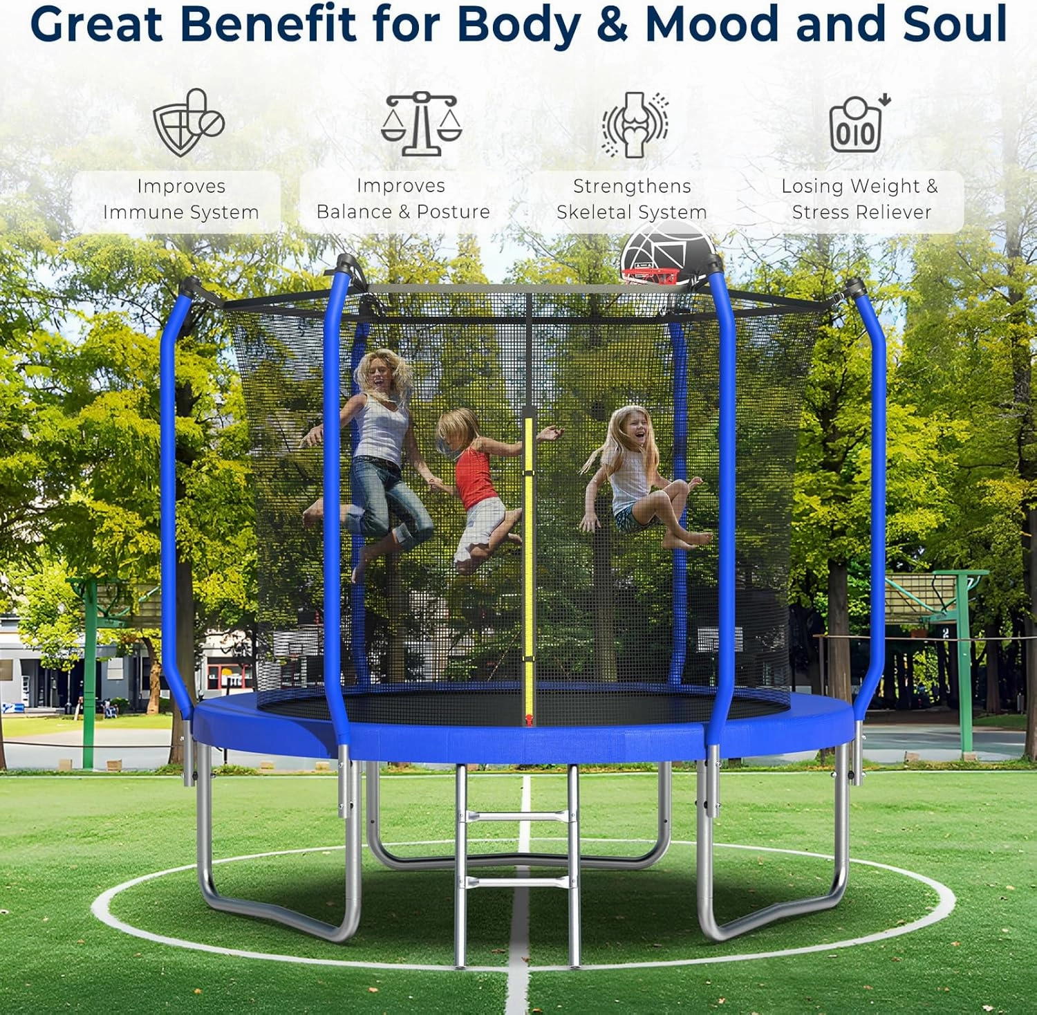 Tatub Upgraded 10FT 8FT 12FT 14FT Trampoline for Kids and Adults, Outdoor Trampolines with Basketball Hoop & Enclosure Net, Accessories Set, Backyard Trampoline for 4-8 Kids and Adults