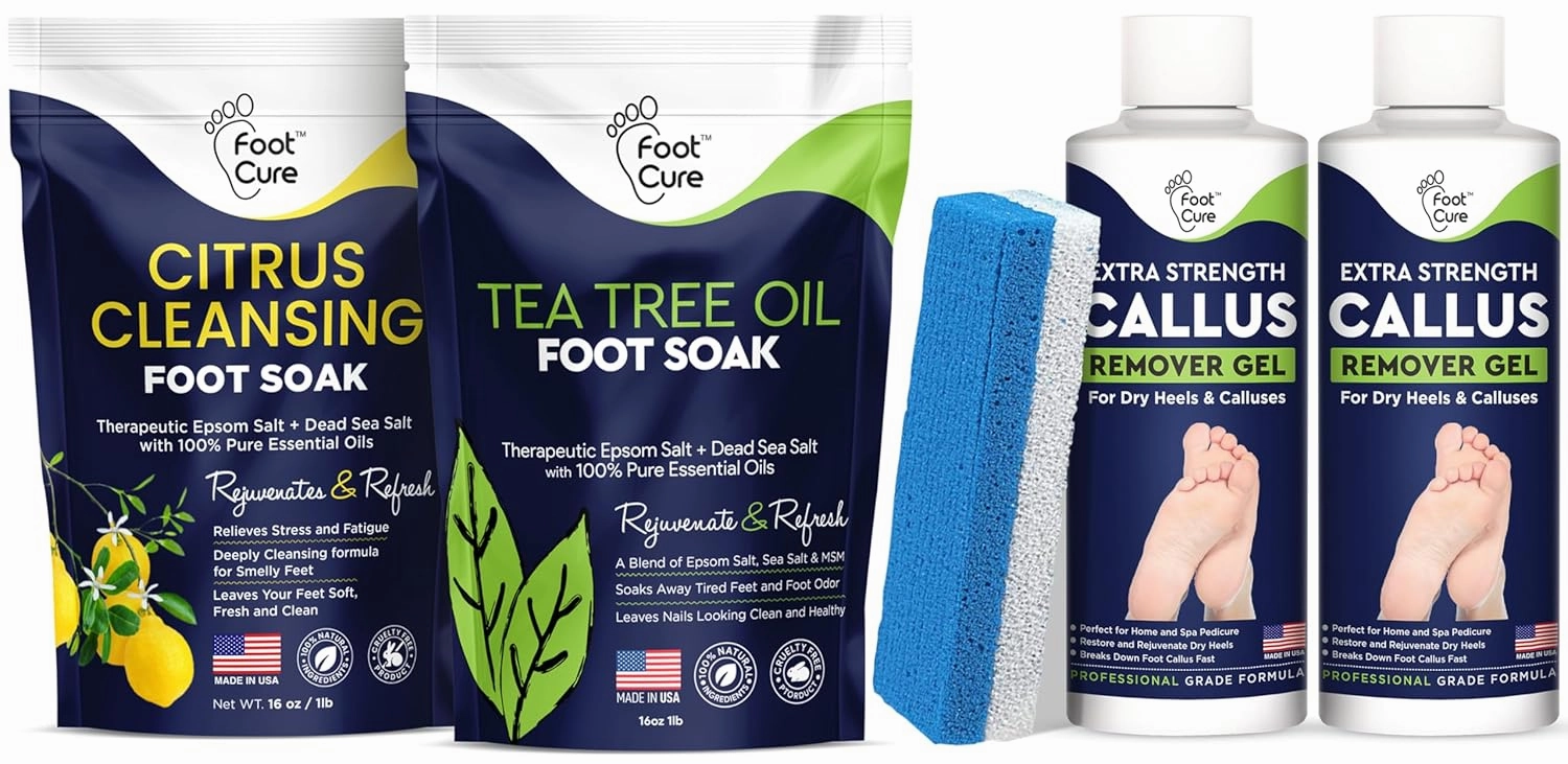 Tea Tree Oil & Citrus Detox Foot Soak with Epsom Salts & Callus Remover for Feet with Extra Strength Gel & Foot Pumice Stone Set