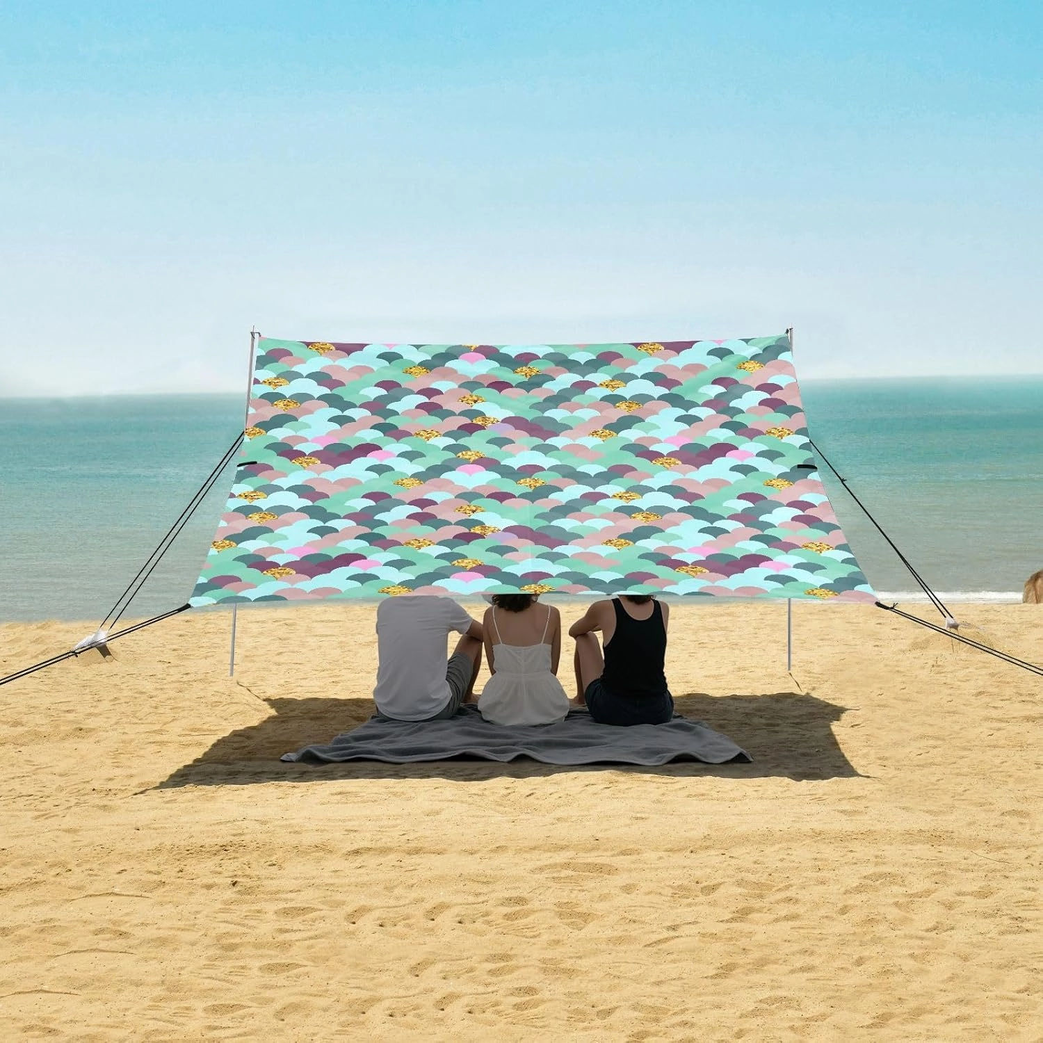 Teal Colorful Mermaid Scale Beach Canopy Tent Anti-UV & Wind Resistant, Magic Glitter Gold Camping Sun Shelter Easy Setup Portable,Outdoor Shade Tents with Sandbags,Sand Shovels,Ground Pegs & St