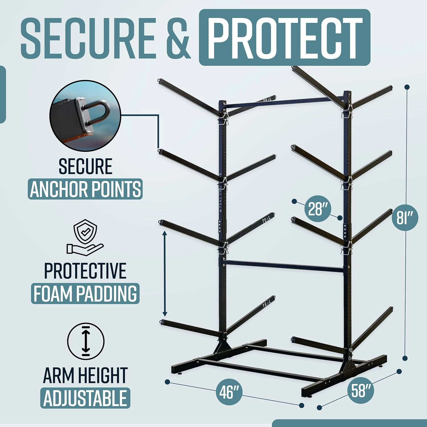 Teal Triangle Freestanding Kayak Storage Rack - Storage Rack for 8 Kayaks or Canoes - Premium Kayak Stand for Outdoor and Indoor - Adjustable Kayak Holder and Canoe Storage Stand