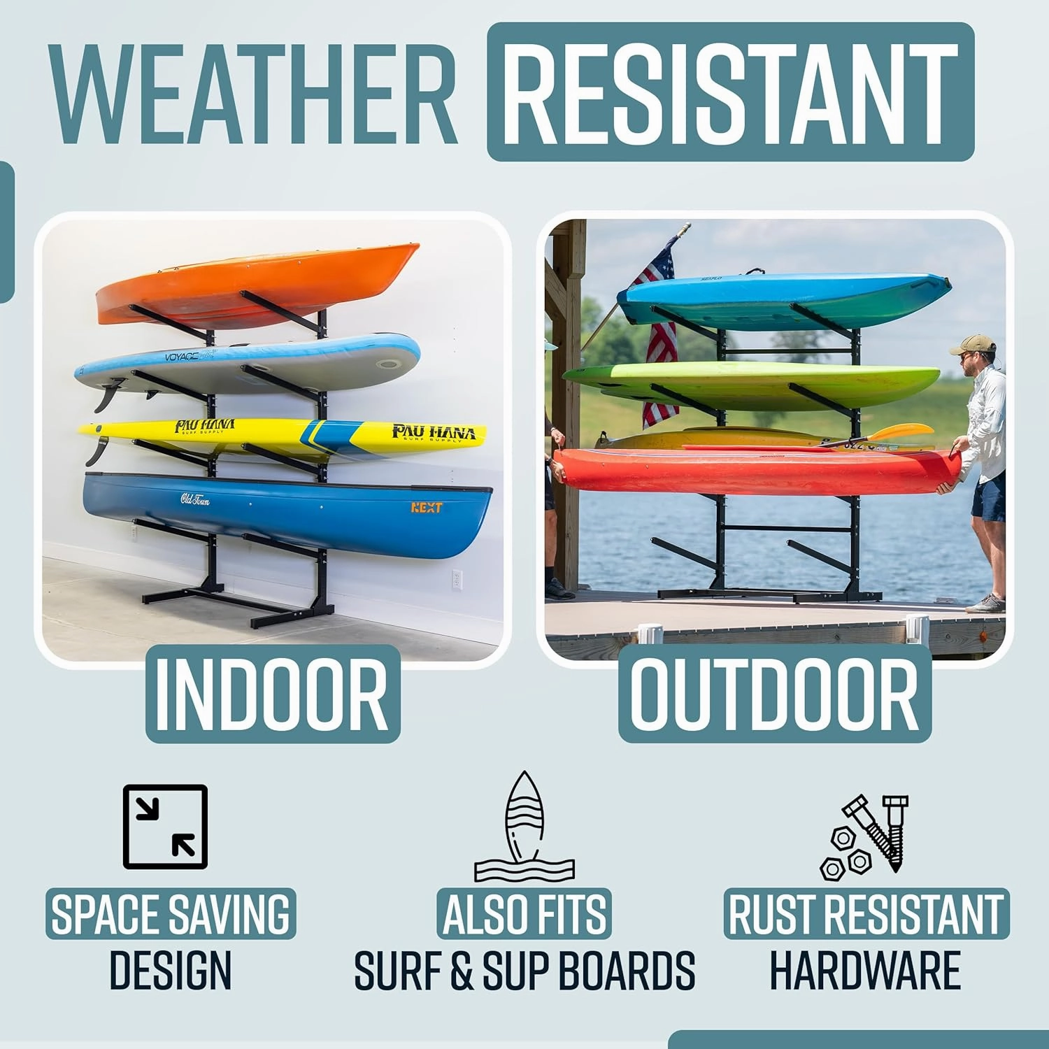 Teal Triangle Freestanding Kayak Storage Rack - Storage Rack for 8 Kayaks or Canoes - Premium Kayak Stand for Outdoor and Indoor - Adjustable Kayak Holder and Canoe Storage Stand
