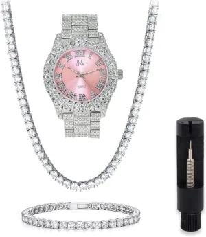 Techno Pave Womens 44mm Iced Solitaire Bezel Watch and Chain & Bracelet Set