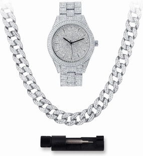 Techno Pave Mens Iced Out 42mm Classy Metal Band Watch & Cuban Chain Set