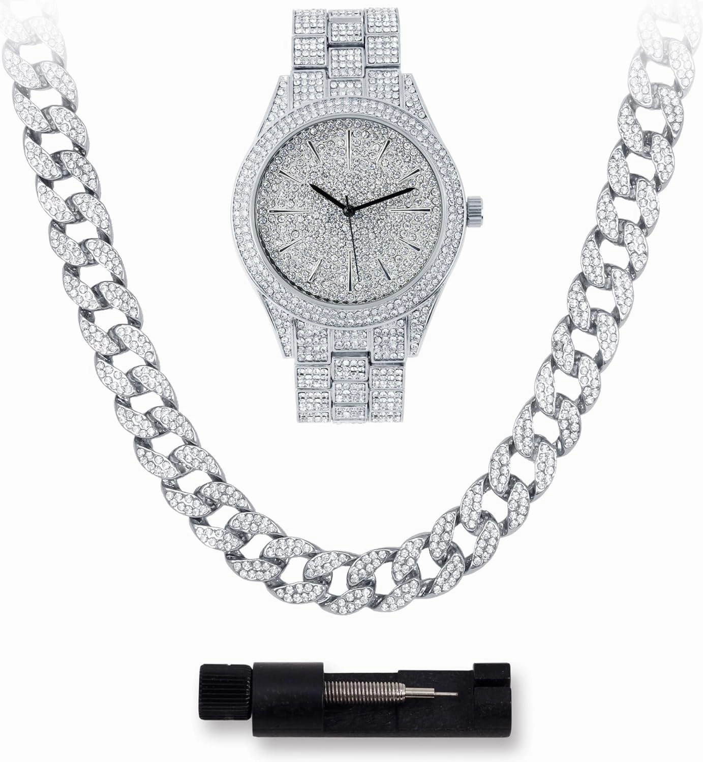 Techno Pave Mens Iced Out 42mm Classy Metal Band Watch & Cuban Chain Set