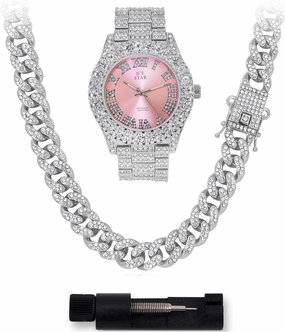 Techno Pave Womens Iced Solitaire Bezel Watch & Chain Set, 44mm Case
