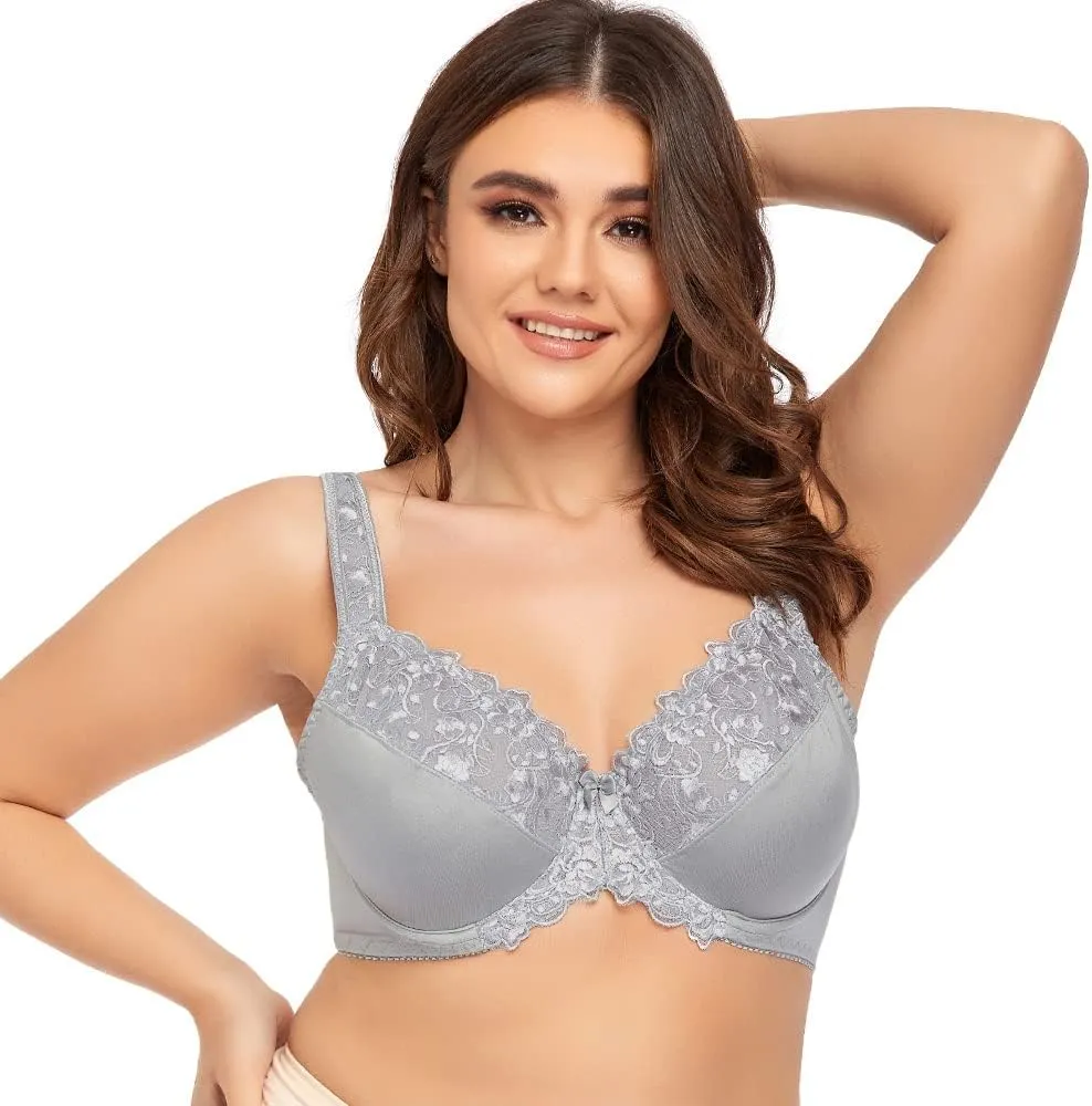 TELIMUSSTO Women's Full Coverage Underwire Bra Non Padded Floral Lace Bras Plus Size