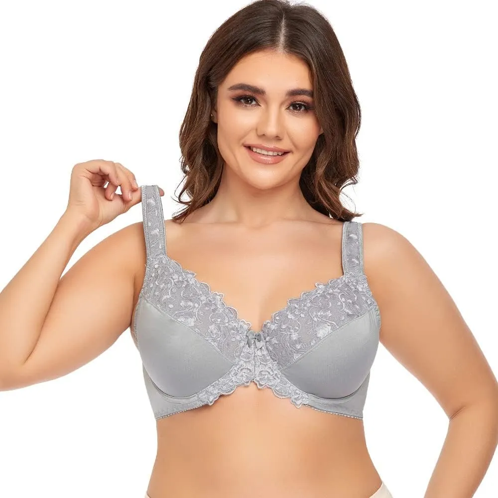 TELIMUSSTO Women's Full Coverage Underwire Bra Non Padded Floral Lace Bras Plus Size