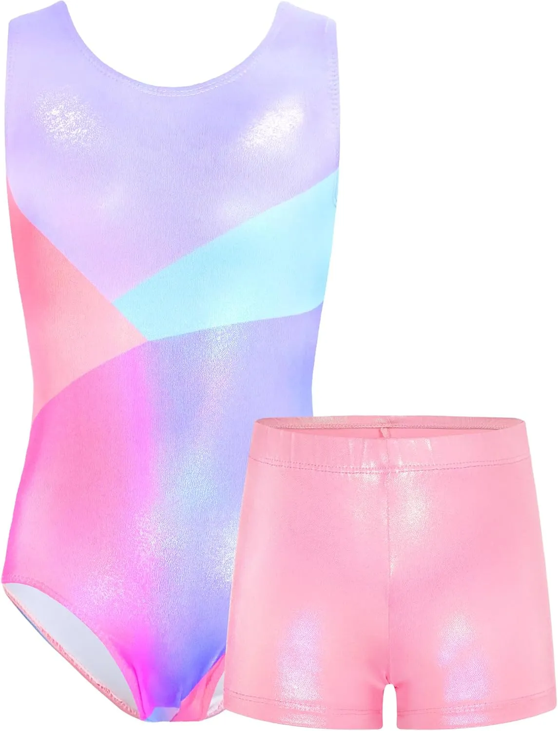 TENVDA Gymnastics Leotards for Girls 5-12 Years Old Sparkly Dance Tumbling Outfit Matching Shorts Set