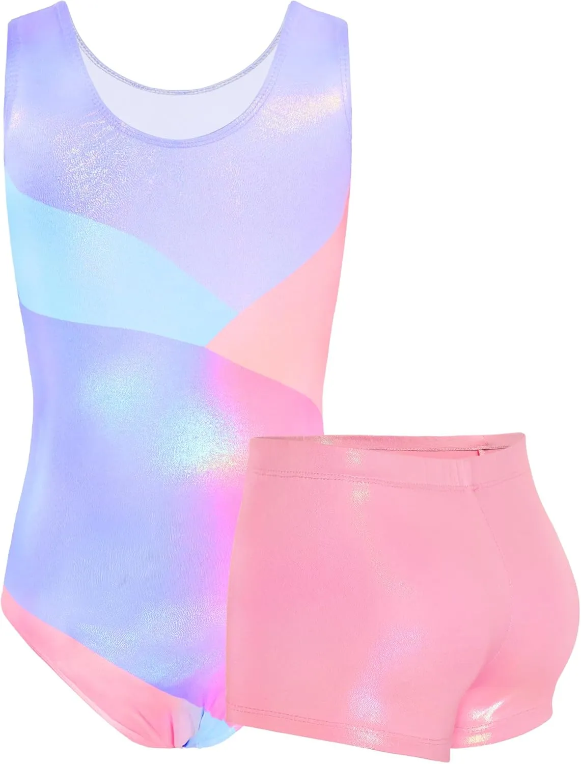 TENVDA Gymnastics Leotards for Girls 5-12 Years Old Sparkly Dance Tumbling Outfit Matching Shorts Set