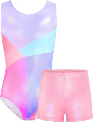 TENVDA Gymnastics Leotards for Girls 5-12 Years Old Sparkly Dance Tumbling Outfit Matching Shorts Set