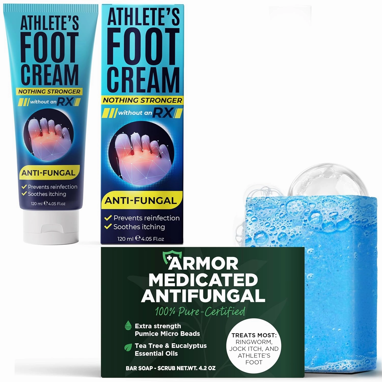Terramed Just Think Comfort Foot Recovery Bundle with Antifungal Foot Cream and Exfoliating Bar Soap for Jock Itch, Athlete’s Foot, Ringworm and Cracked Heels