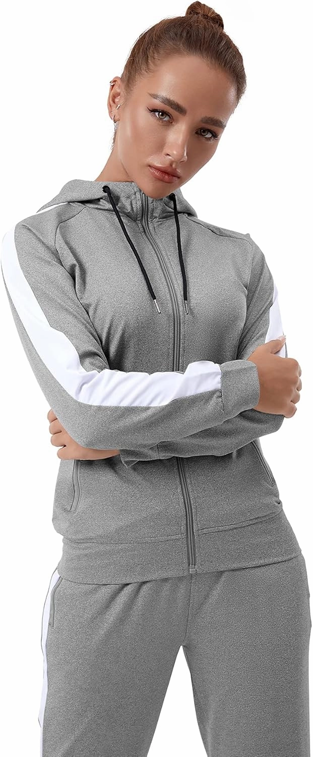 TEZO Womens Full Zip-Up Hoodie Tracksuit Set Long Sleeve Casual Jogging Suits Workout Gym 2 Piece Outfits with Pockets