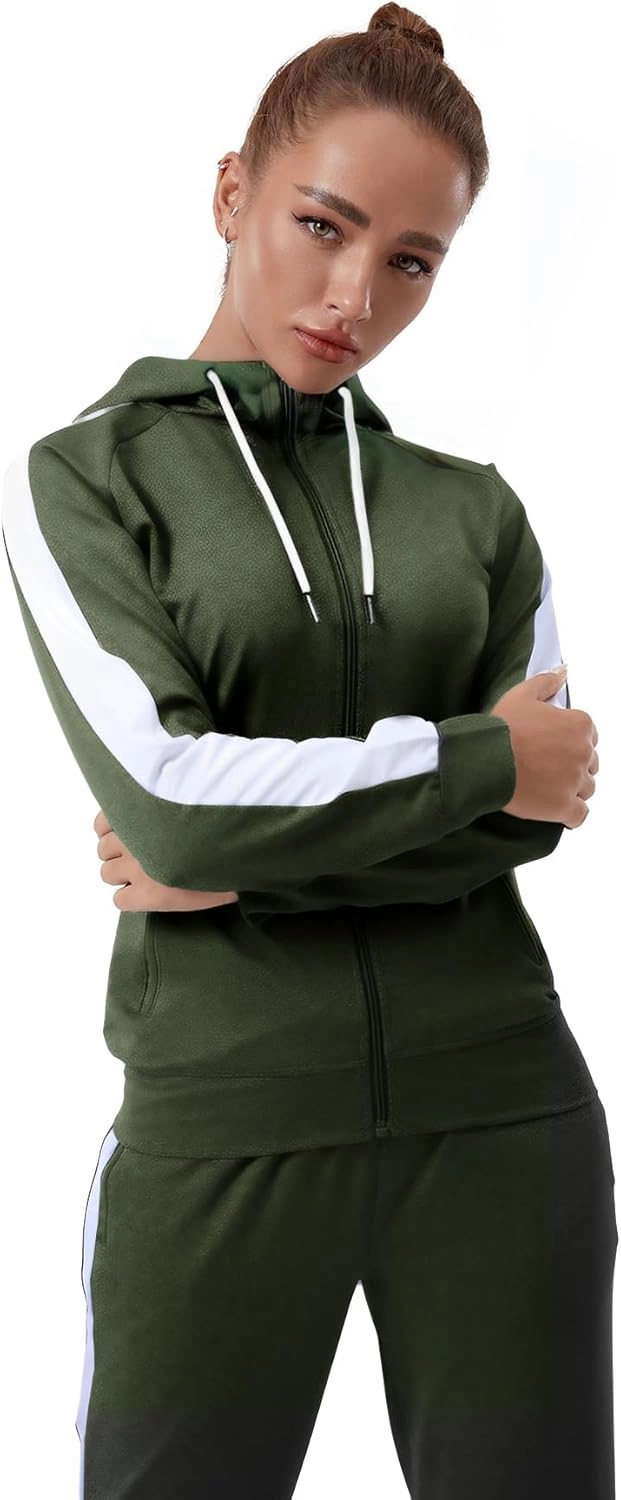 TEZO Womens Full Zip-Up Hoodie Tracksuit Set Long Sleeve Casual Jogging Suits Workout Gym 2 Piece Outfits with Pockets
