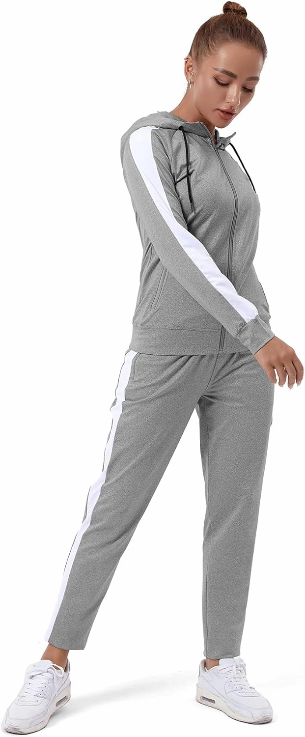 TEZO Womens Full Zip-Up Hoodie Tracksuit Set Long Sleeve Casual Jogging Suits Workout Gym 2 Piece Outfits with Pockets