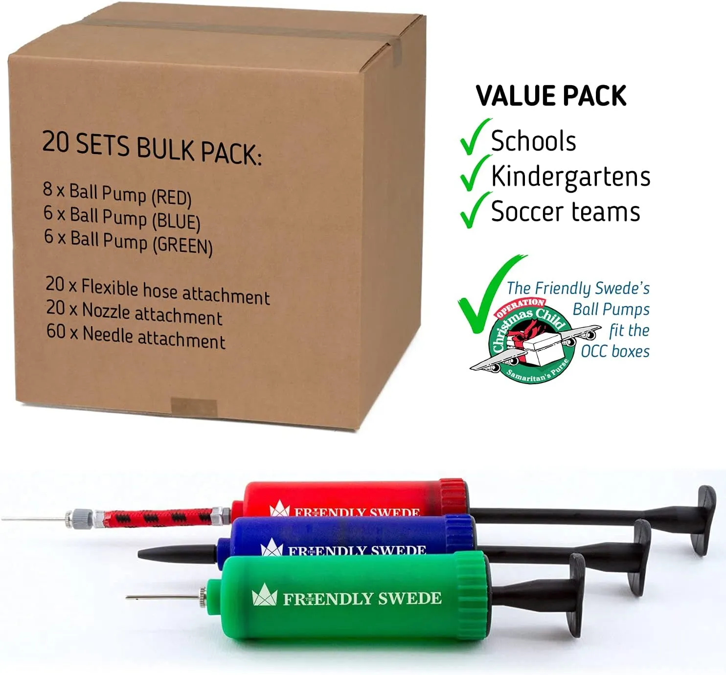 The Friendly Swede Ball Pump for Sports Balls — Hand Air Pump Including Needles and Nozzles; Built-in Needle Storage & Flexible Hose; Suitable for Basketball, Soccer, Volleyball - Multipack