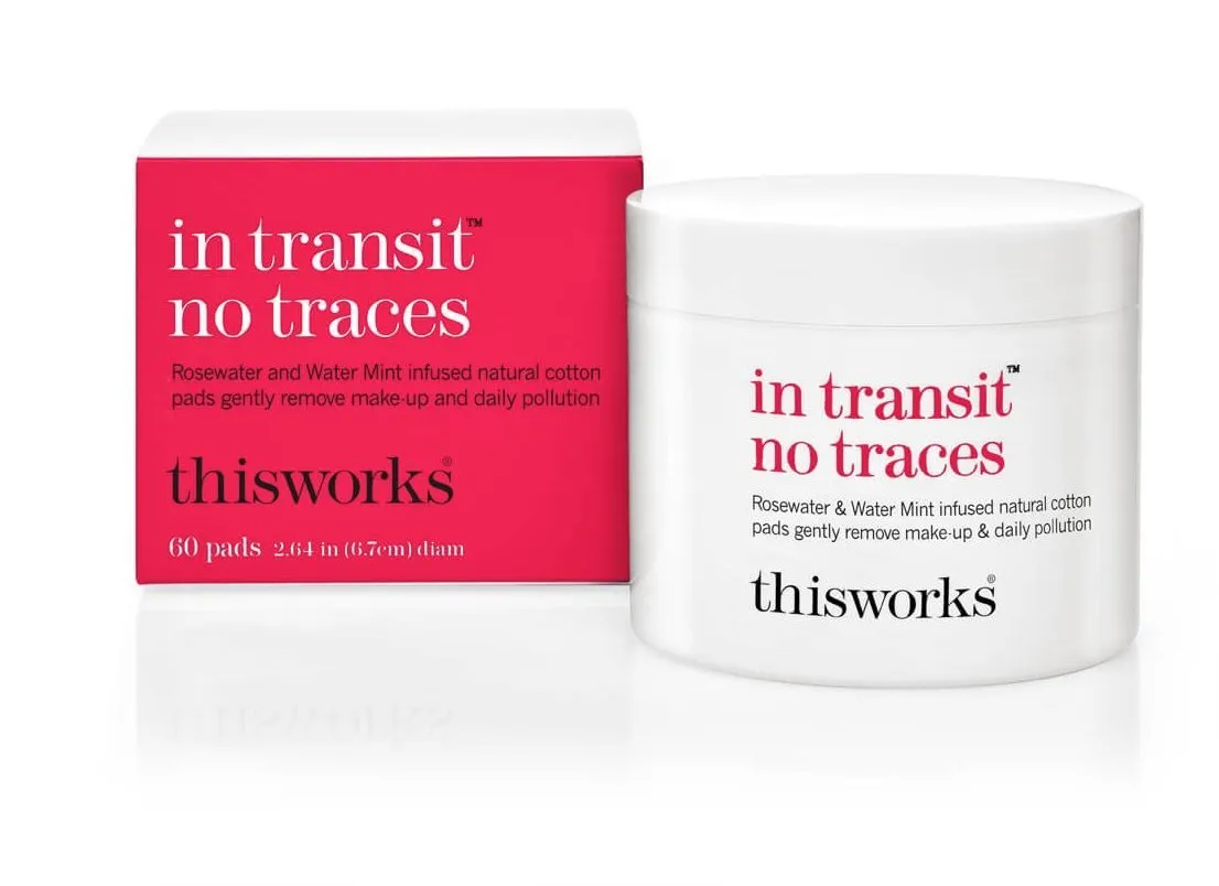 thisworks in transit no traces, Rosewater and Mint Infused Facial Cleansing Pads, Gently Removes Make-Up and Dirt, 60 Pads