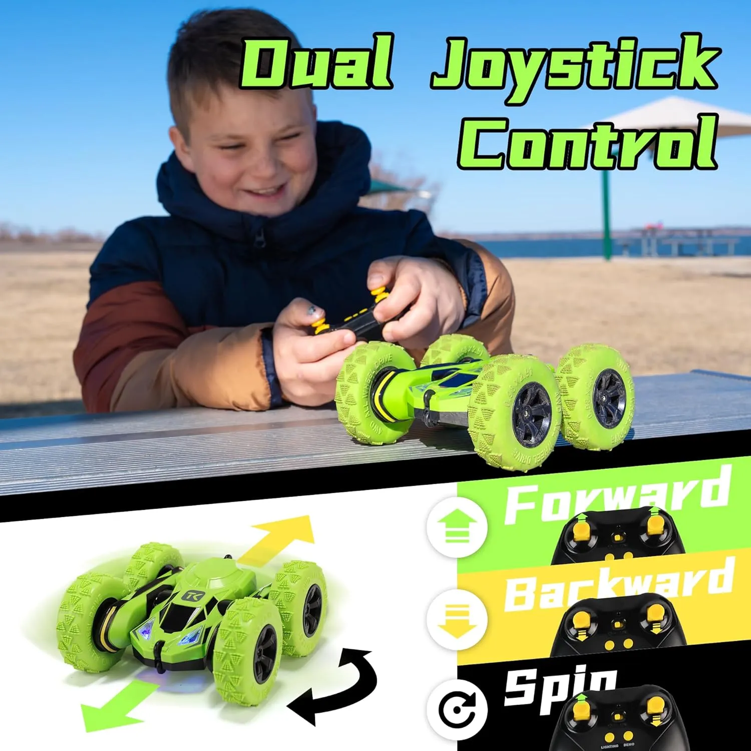 Threeking RC Stunt Cars Remote Control Car Double-Sided Driving 360-degree Flips Rotating Car Toy, Green