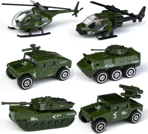 Tianmei 6 Cars in 1 Set Military Styling 1:87 Alloy Diecast Vehicle Models Collection Kids Toy, Armament Series Helicopter Tank Truck Armored Car (6pieces - Army)