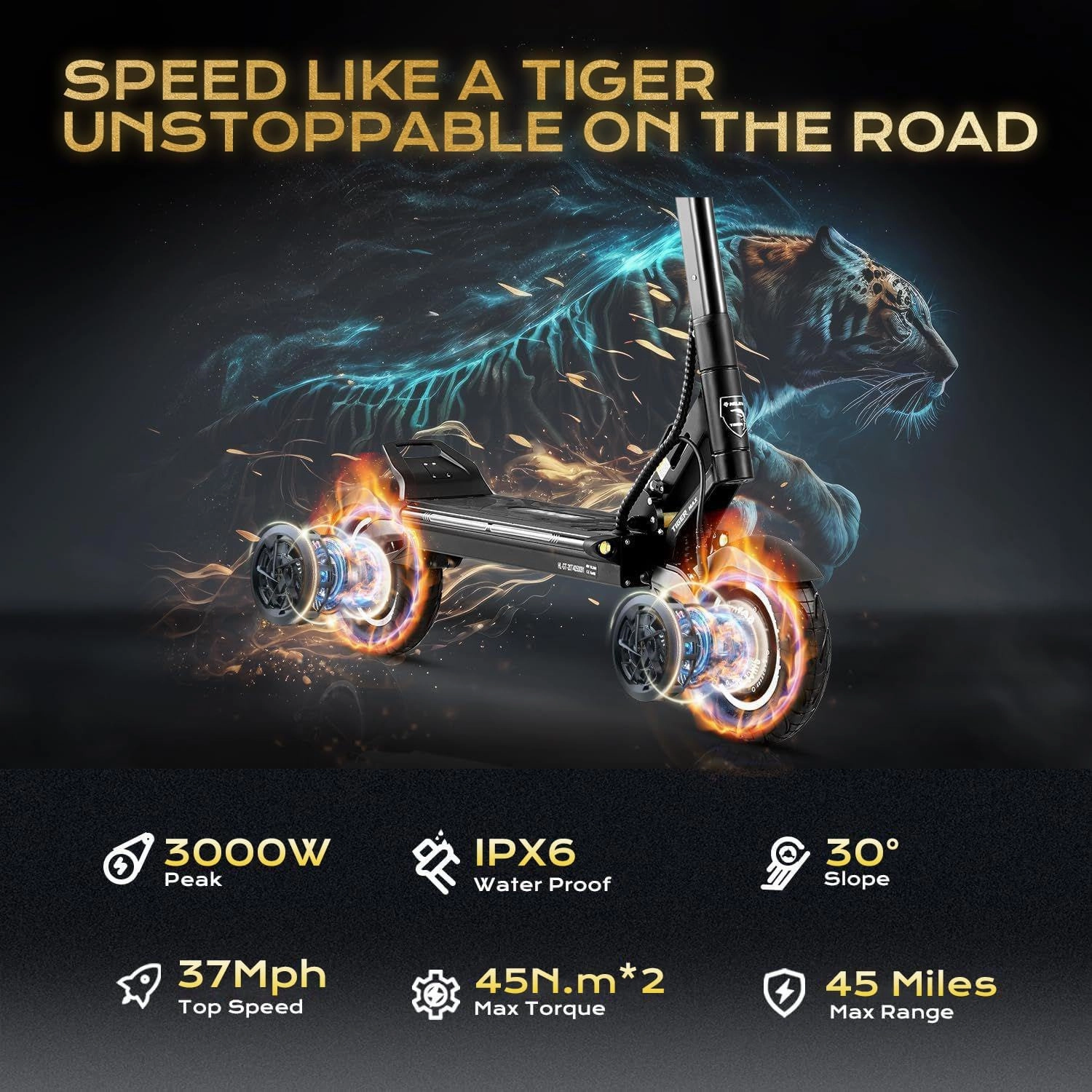Tiger Max Electric Scooter Adults, 3000W Dual Motor Electric Scooter up to 37 Mph, 48V 20Ah&45 Miles Foldable Electric Scooter for Adults, Off Road Electric Scooter with UL 2272, E-ABS, NFC