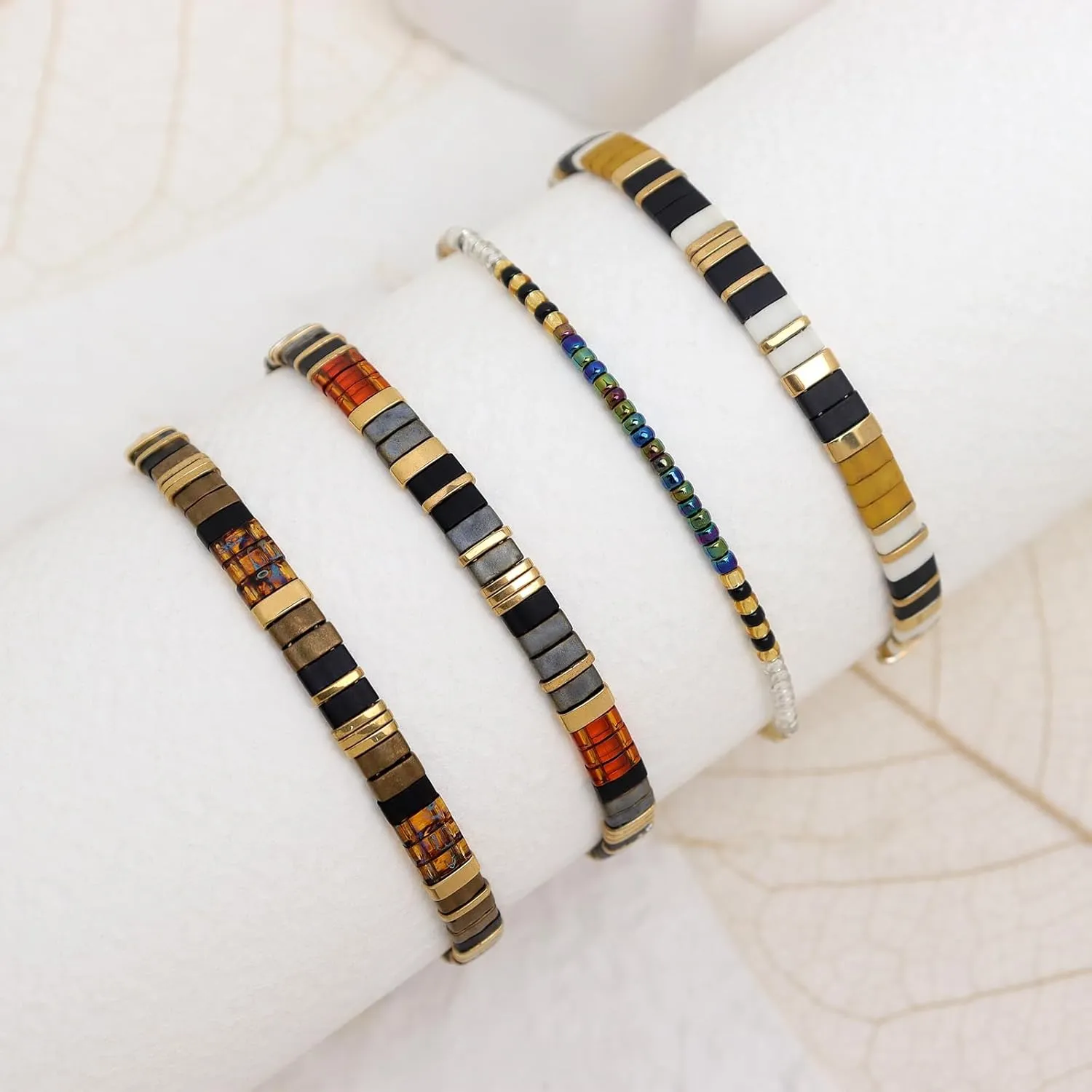 Tila Flat Beads Bracelets Stack Set for Women, Handmade Gold Beads Gemstone Colorful Stretch String Bracelet Outfit Accessories Jewelry Gift.