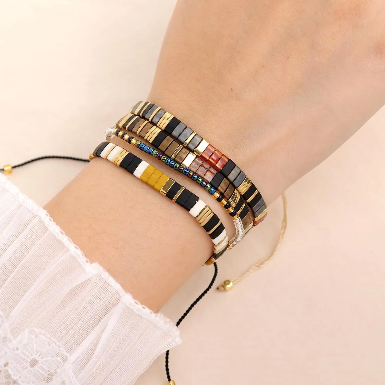 Tila Flat Beads Bracelets Stack Set for Women, Handmade Gold Beads Gemstone Colorful Stretch String Bracelet Outfit Accessories Jewelry Gift.