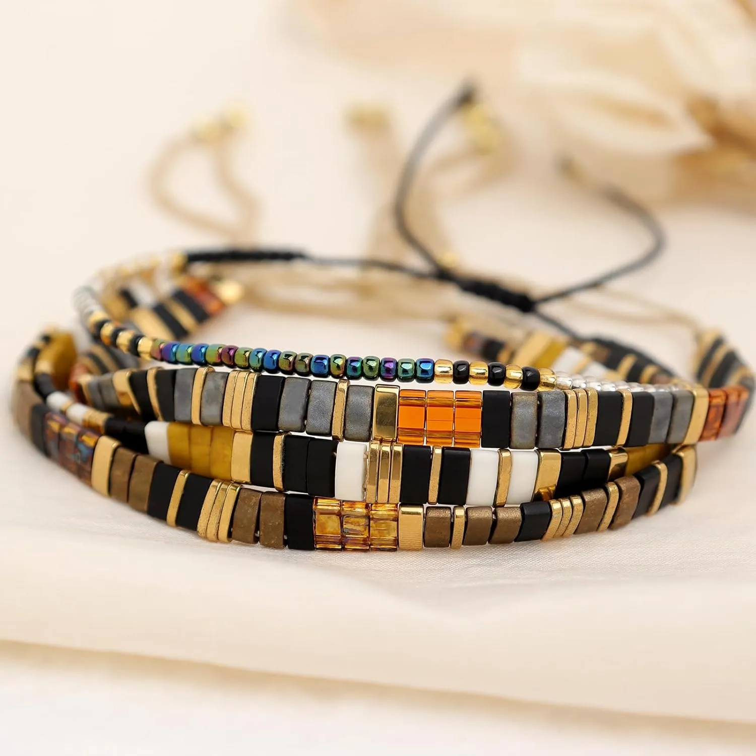 Tila Flat Beads Bracelets Stack Set for Women, Handmade Gold Beads Gemstone Colorful Stretch String Bracelet Outfit Accessories Jewelry Gift.