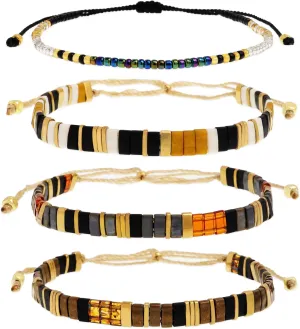 Tila Flat Beads Bracelets Stack Set for Women, Handmade Gold Beads Gemstone Colorful Stretch String Bracelet Outfit Accessories Jewelry Gift.