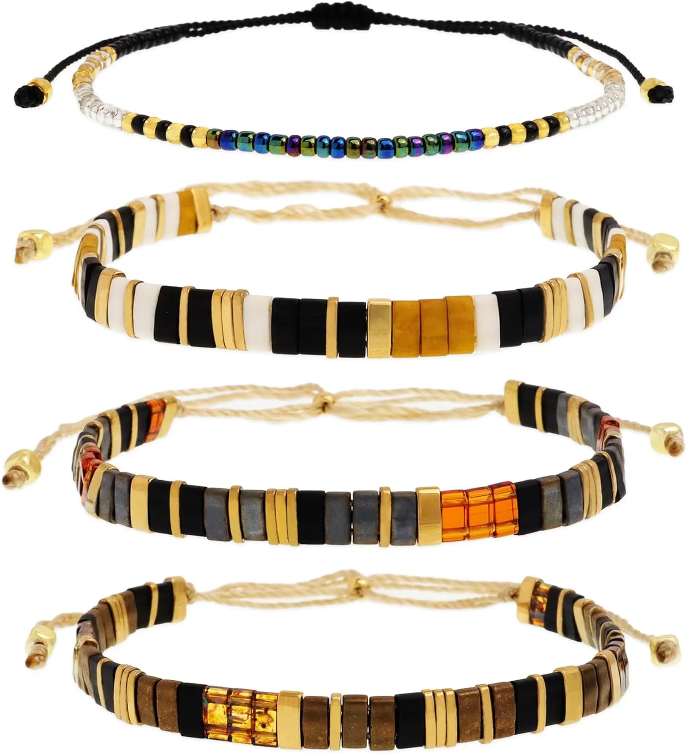 Tila Flat Beads Bracelets Stack Set for Women, Handmade Gold Beads Gemstone Colorful Stretch String Bracelet Outfit Accessories Jewelry Gift.